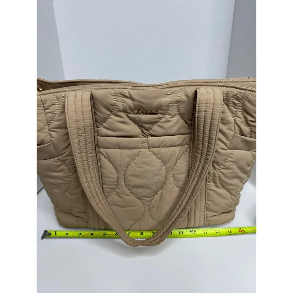 Lovevook Tan Quilted Nylon Tote Bag Padded Laptop Shoulder Bag Beige Large